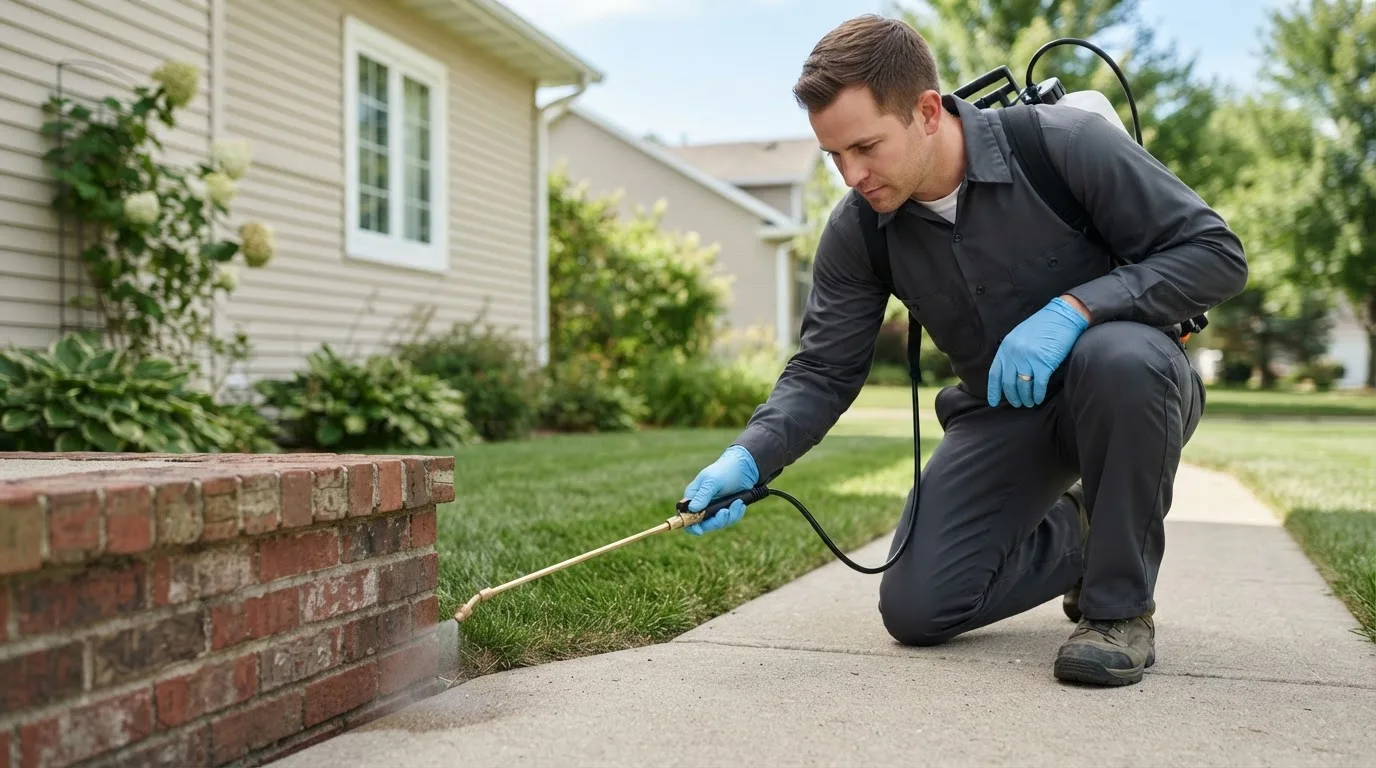 Pest control technician treating a home near Konawa, OK