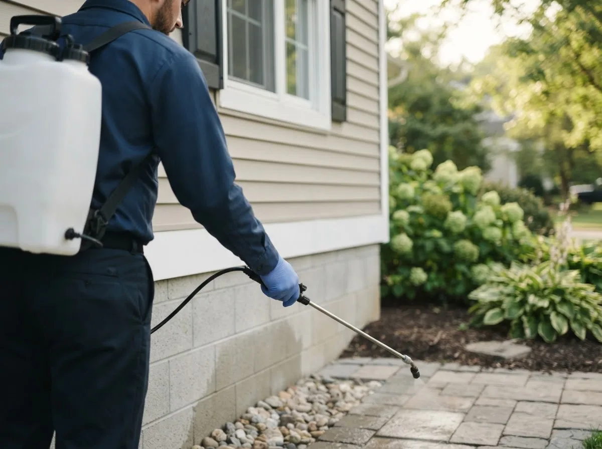 Pest control technician inspecting a home in Konawa, OK